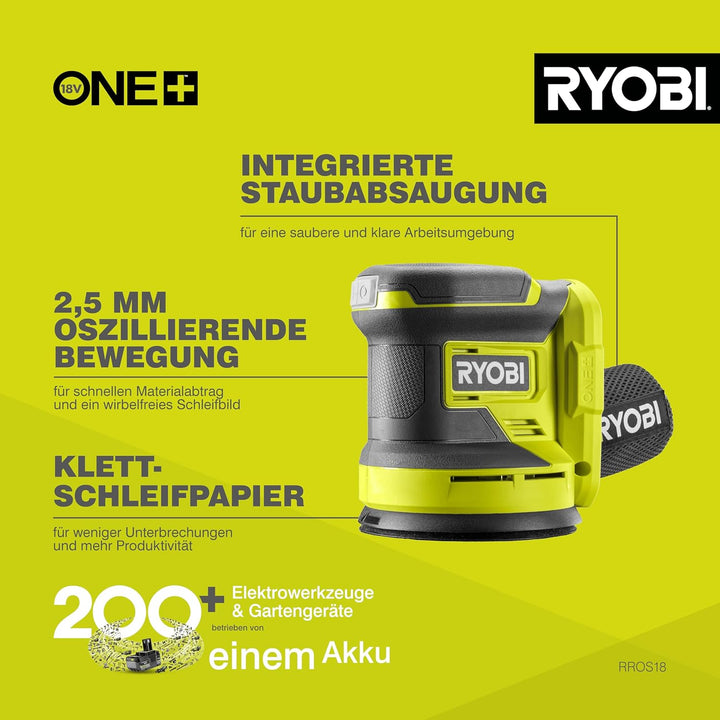 RYOBI 18 V ONE+ Akku-Exzenterschleifer RROS18-0, 125 mm Schleifteller, 2,5 mm Schwingkreis, Effizien