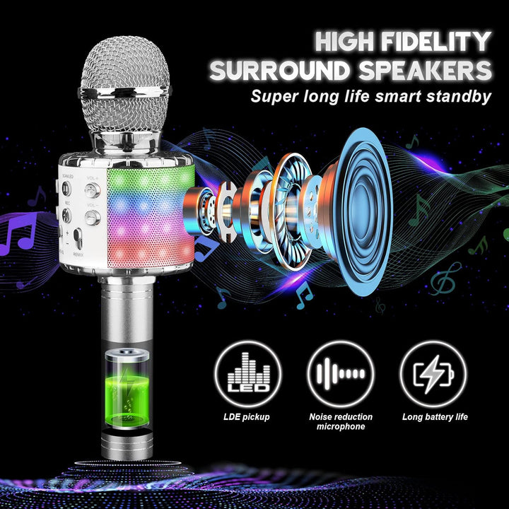 ShinePick Mikrofon Kinder Bluetooth, 4-in-1 Drahtloses Karaoke Mikrofon, Tragbare LED Microphone Spi