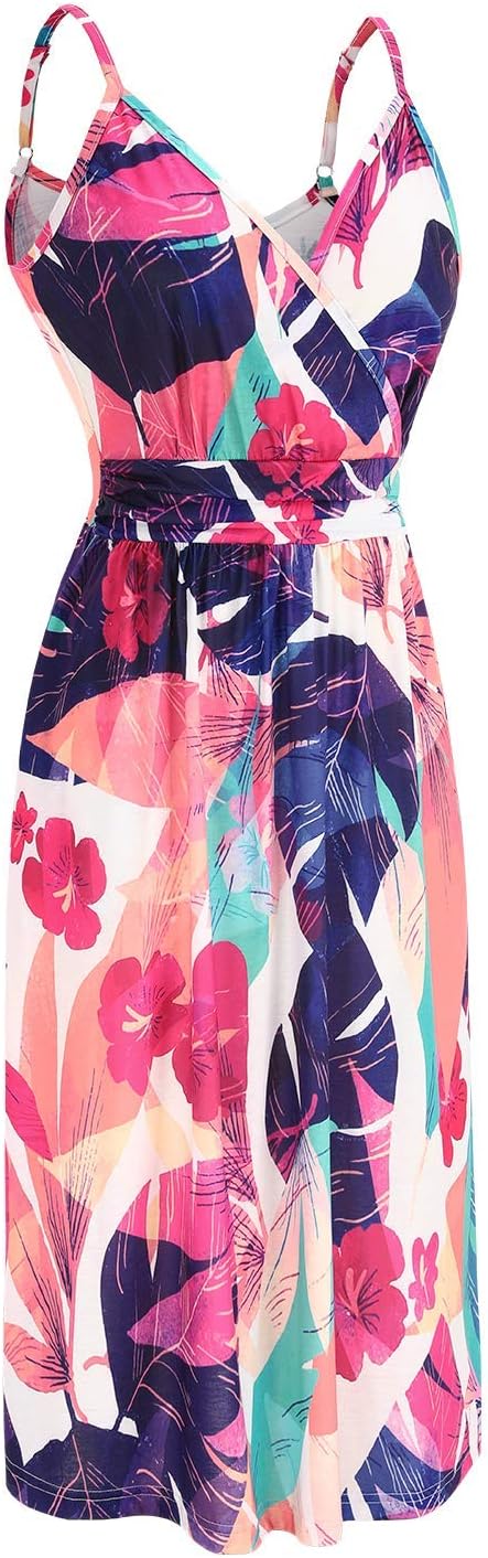 OUGES Kleid Damen Spaghettiträger Sommer Kleider Knielang V-Ausschnitt Strandkleid mit Taschen M Flo