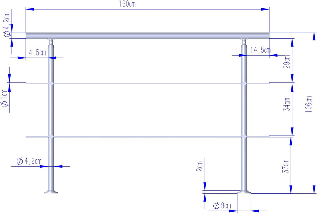 CAVATINY Edelstahl Handlauf Geländer für Treppen Brüstung Balkon mit 2 Querstreben - Innen und Ausse