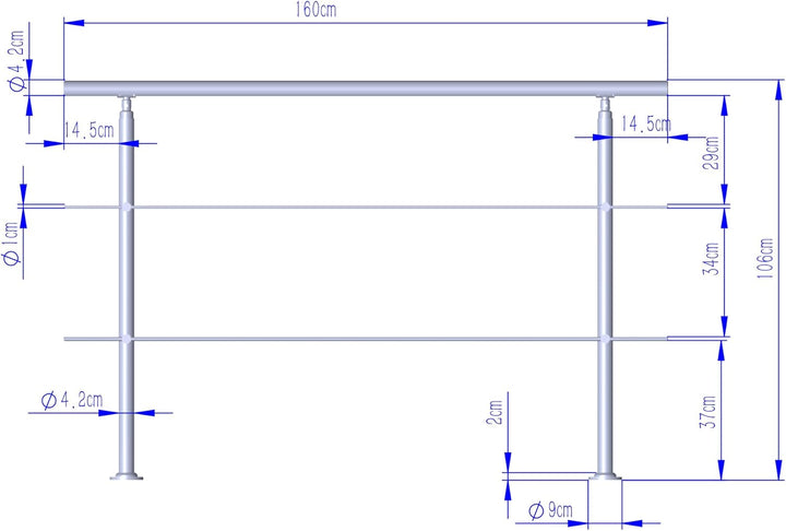 CAVATINY Edelstahl Handlauf Geländer für Treppen Brüstung Balkon mit 2 Querstreben - Innen und Ausse