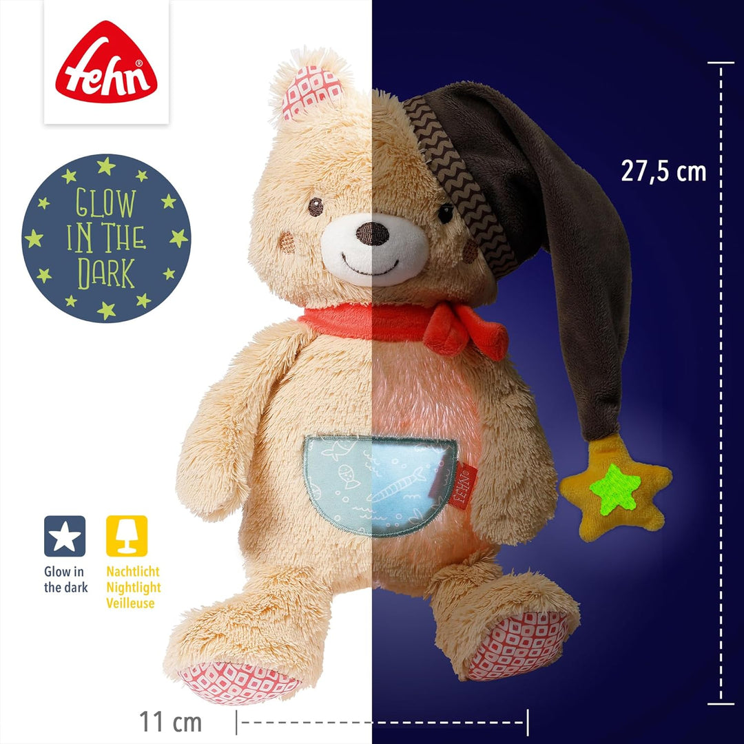 Fehn Nachtlicht Bär – Schlummerlicht & Einschlafhilfe: Kuscheltier mit „Glow-in-The-Dark“-Bestickung