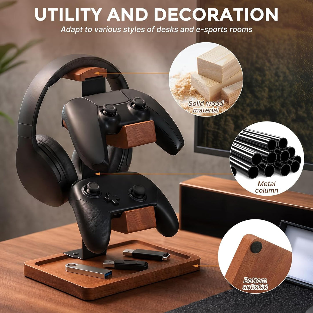 Controller Halter und Headset Ständer Holz, 3-Ebenen Gaming Controller Ständer mit Ablageschale, Mas