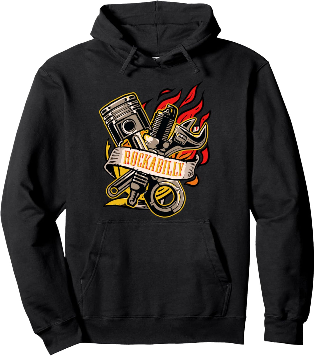 Rockabilly Flammen Kolben Schraubenschlüssel Mechaniker Pullover Hoodie