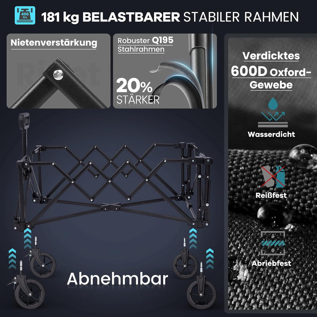 FUNDANGO XXL Bollerwagen Faltbar 180KG 200L mit Heckklappe, 114CM Extra Lang, Kompakt Zusammenklappb