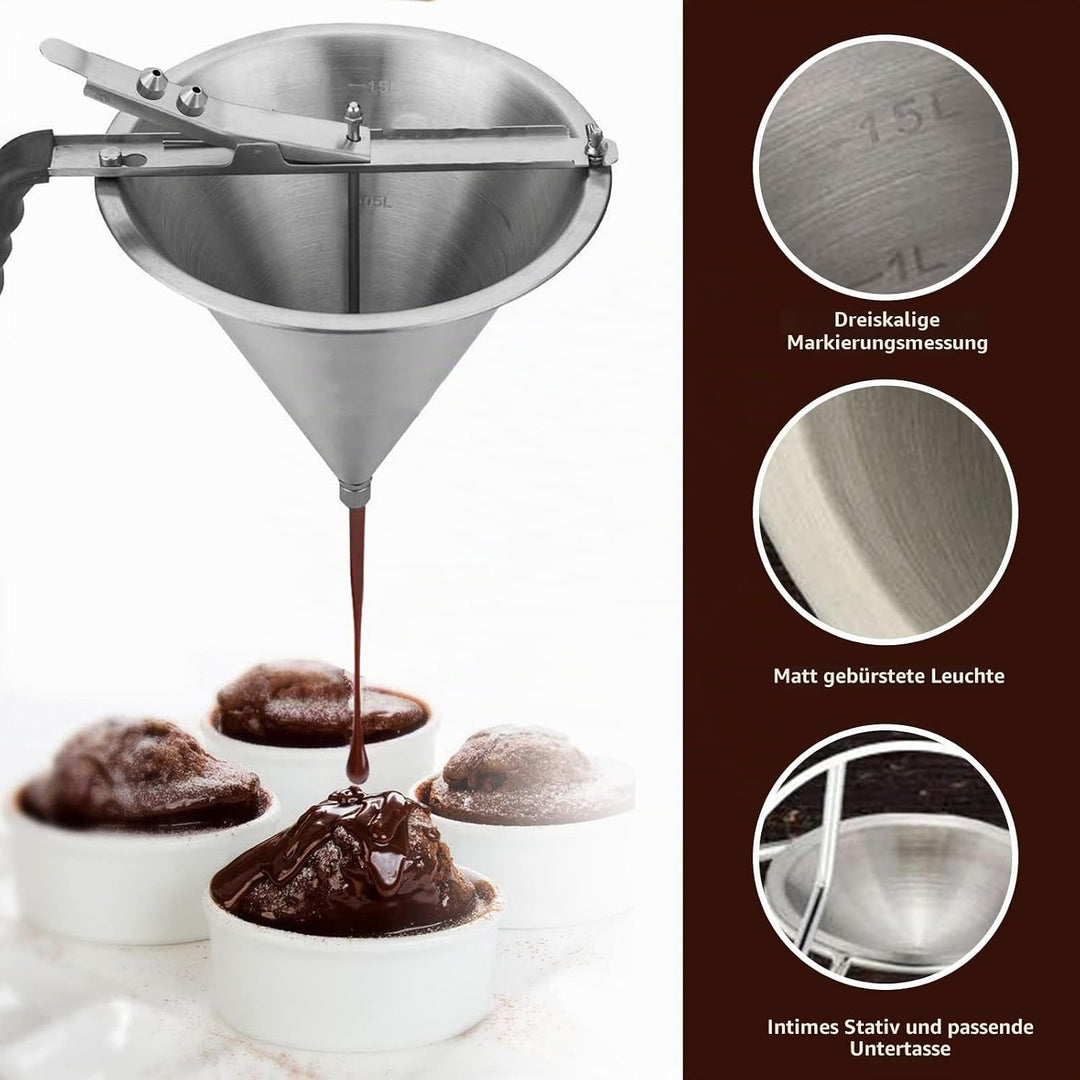 Pfannkuchen Trichter Edelstahl Teigportionierer, 1.9 L Pancakes Trichter Fondanttrichter, Einfülltri