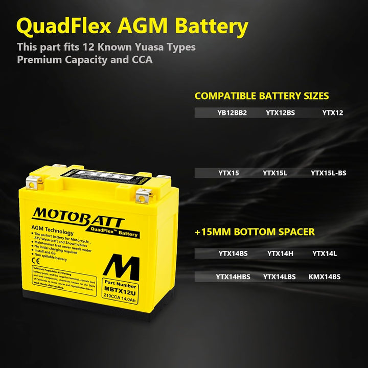 MotoBatt MBTX12U (12V 14 Amp) 200CCA Factory Activated QuadFlex AGM Battery