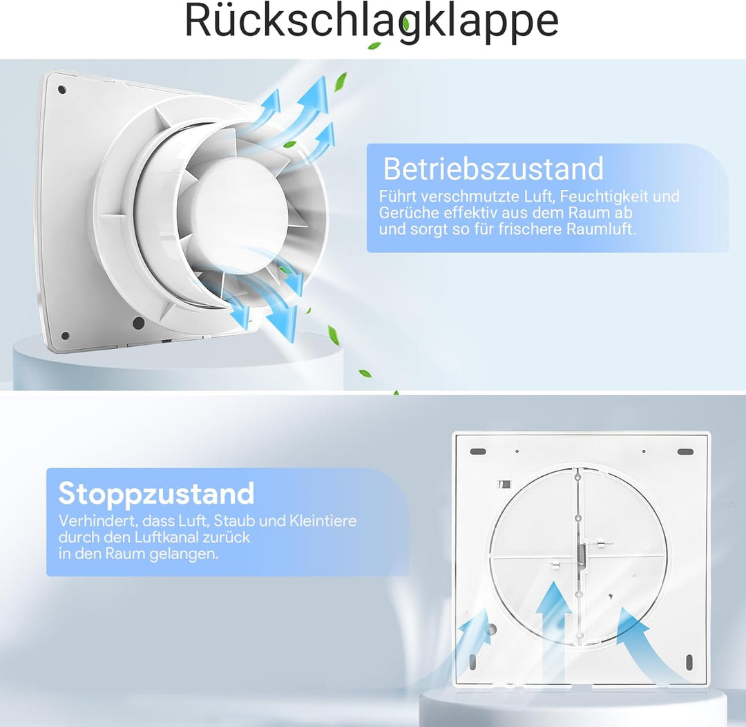 Badlüfter 100mm Abluftventilator Küche mit Zugkordel, 135m³/h Wasserdicht Badlüfter mit Rückstauklap