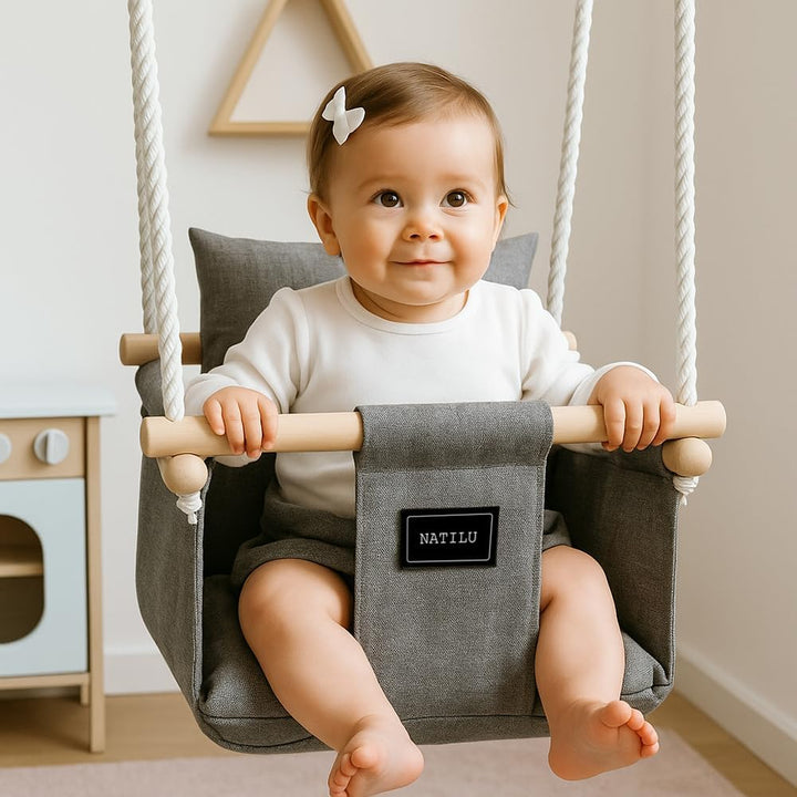 NATILU® Babyschaukel Set mit Sicherheitsgurt Haken Ringe Silver | Schaukel Baby Indoor Outdoor | Kin