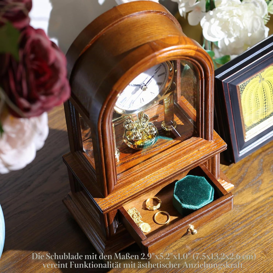 Holz Tischuhr Jubiläumsuhr, Antike Regaluhren, Retro Kaminuhr mit Drehpendel, Schreibtisch Standuhr