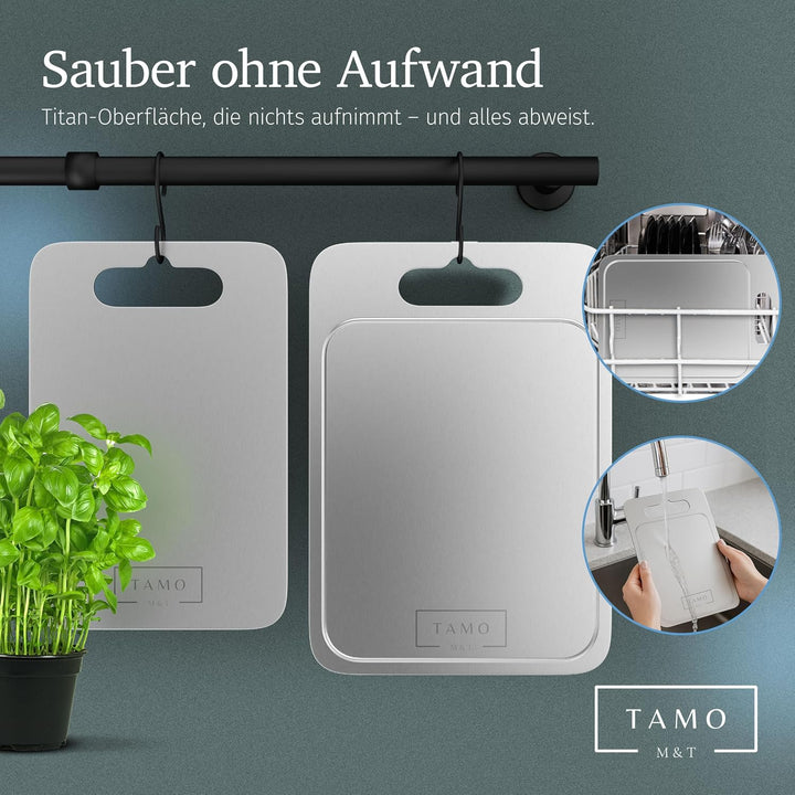 TAMO Titan Schneidebrett, mit Saftrille, aus 100% reinem Titan, hygienisch, antibakteriell & langleb
