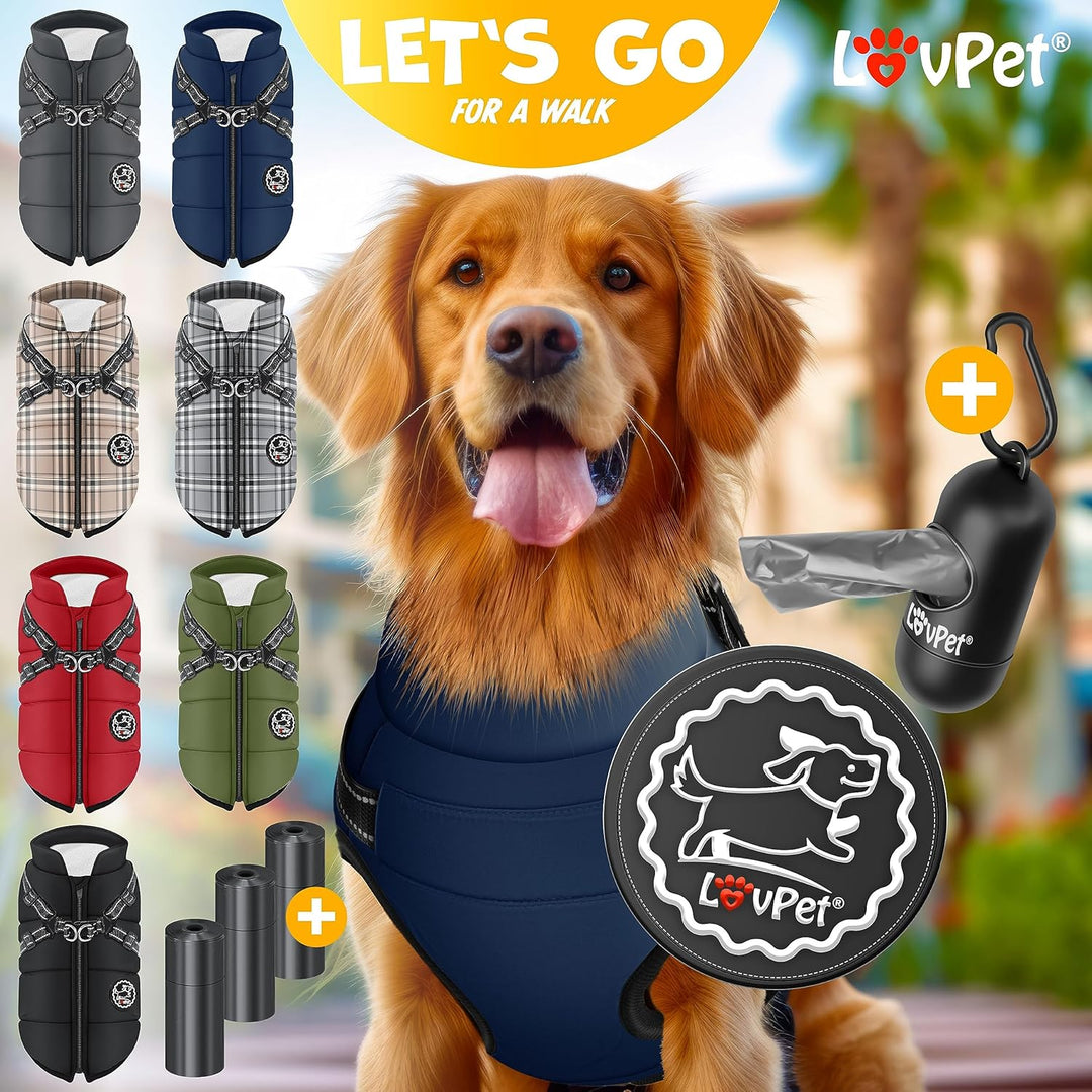 LOVPET® Hundejacke Hundemantel mit Geschirr, inkl. 45 Stück Kotbeutel + Spender, Hunde Winterweste g