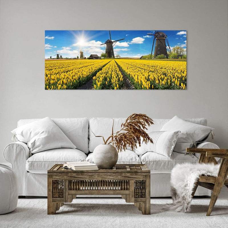 ARTTOR Wandbilder Dekoration Wohnzimmer Tulpen Windmühle Wiese Landschaft Bilder auf Leinwand 120x50