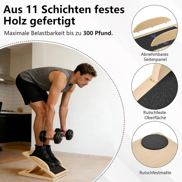 Schrägbrett aus Holz für effektives Dehnen, 3-in-1 Balance Board & Stretch Board für Wadendehner, Kn