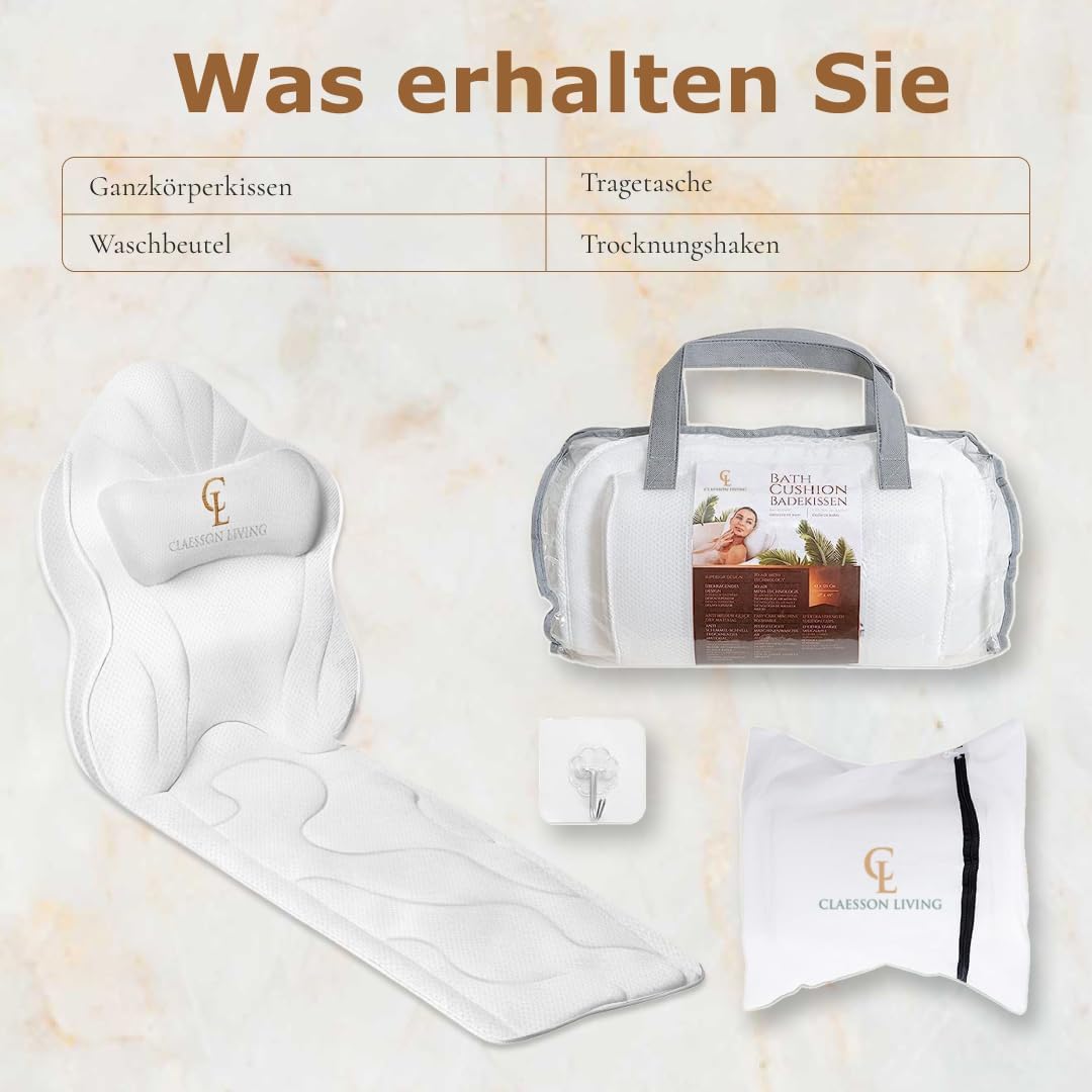 Badewannenkissen Ganzkörper Badekissen (126x41cm) - Badewannenmatte mit Kopfstütze (13cm) unterstütz