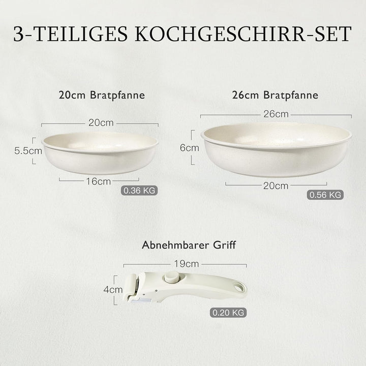 GiPP Keramik Pfannenset mit Abnehmbarer Griff, 3-Teilig Pfannen set mit Antihaft Beschichtet, Pfanne