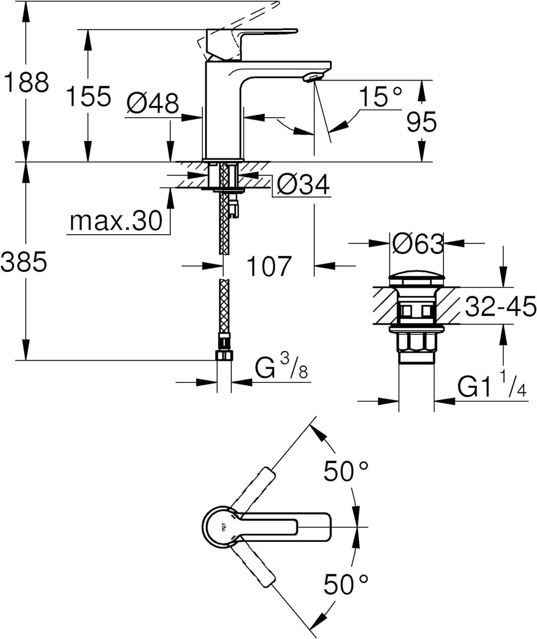 GROHE Lineare - Einhand- Waschtischarmatur (wassersparend, XS-Size, schnelle Befestigung, mit Temper