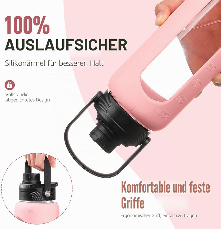 BLUEGO 900ml Glaswasserflasche mit Strohhalm und 2 Deckeln Kaffeetasse aus Glas mit Zeitmarkierung u