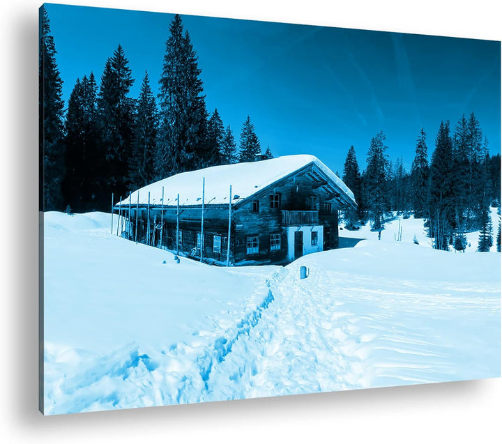 deyoli Skihütte im Winter Format 60x40 Effekt: Monocrome Blau als Leinwandbild, Motiv fertig gerahmt