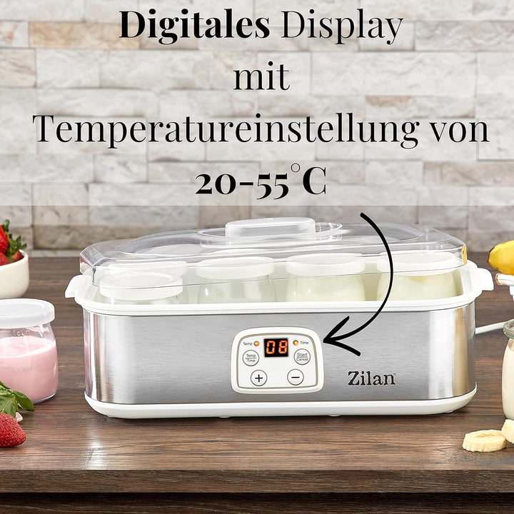 Joghurt Maker | Joghurtmaschine | 1,44 Liter | 8 Glasflaschen á 180 ml | Digitales Display | Tempera
