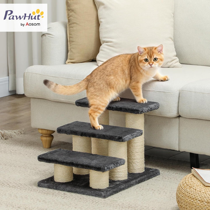 PawHut Tiertreppe Katzentreppe 3 Stufen Hundetreppe Treppe für Katze und Hunde Plüsch Dunkelgrau 45