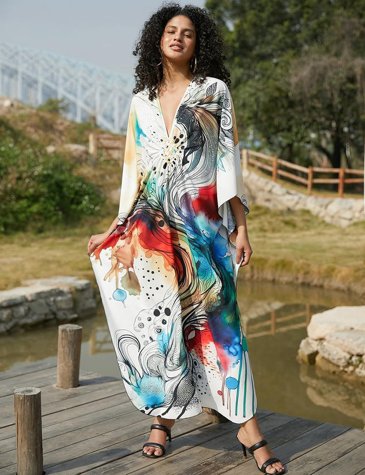 Bsubseach Damen Ethnic Print Kaftan Beach Dress Plus Size Strandkleid Abstrakter Druck, Abstrakter D