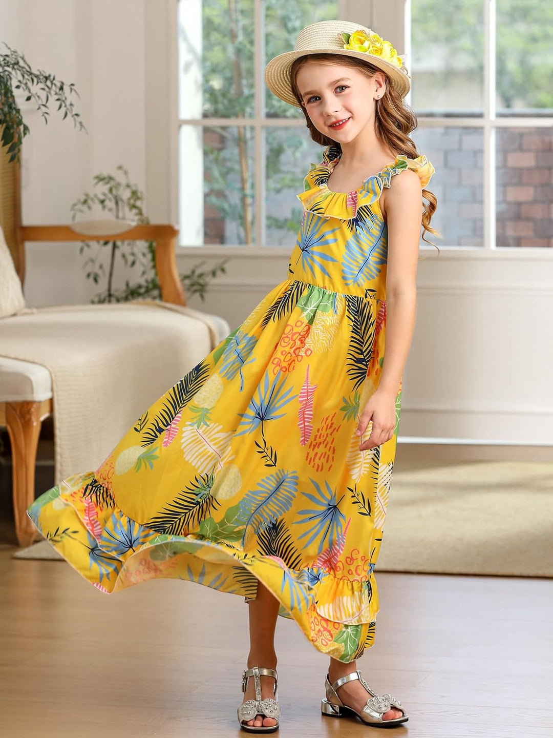 BONNY BILLY Mädchen Kleider Freizeit Blumen Sommerkleid Strandkleid Chiffonkleid Maxikleid mit Rüsch