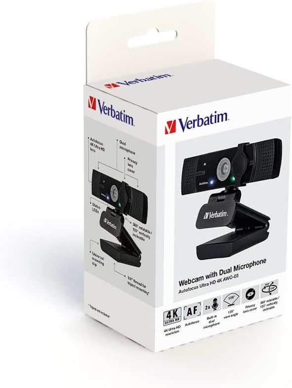 Verbatim Webcam mit Dual-Mikrofon, externe Kamera für Computer oder Laptop mit Ultra HD 4K Autofokus