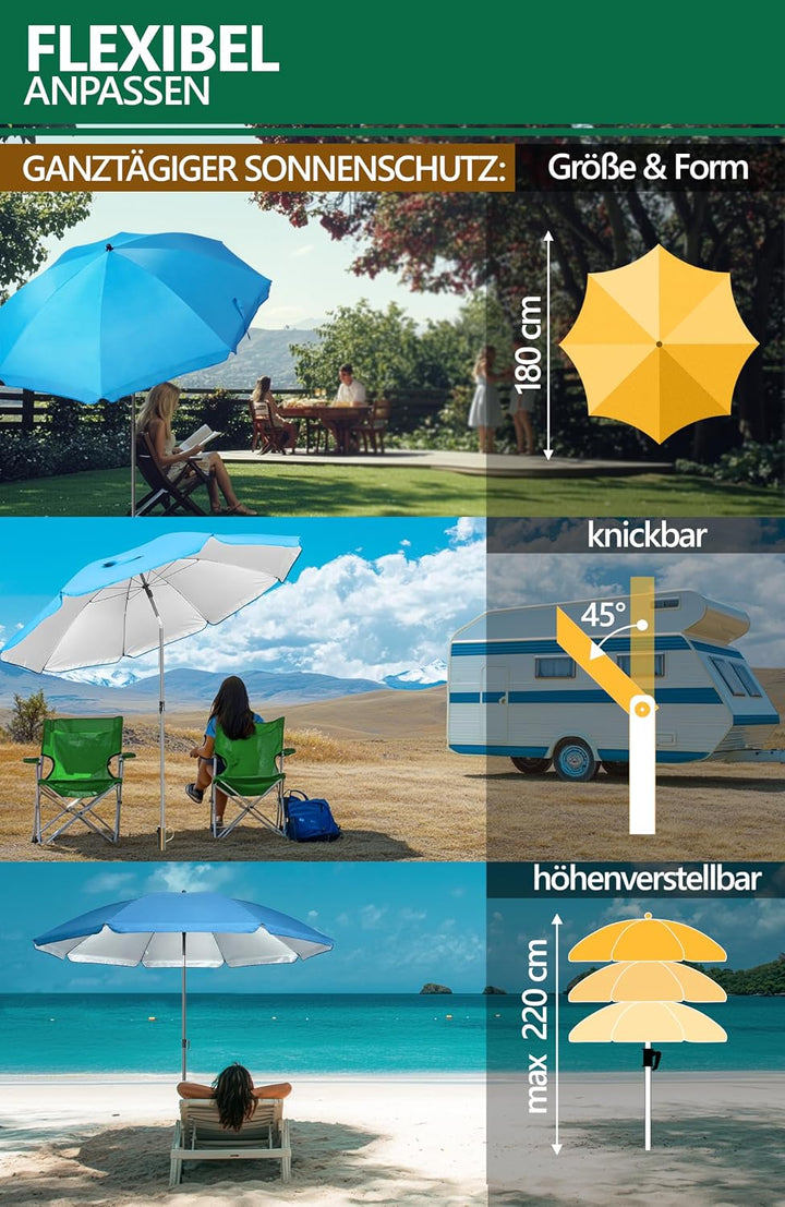 4smile Sonnenschirm Strand 3-IN-1 SET mit Rasendorn, Ø 180 cm, Blau | Strandschirm windfest stabil +