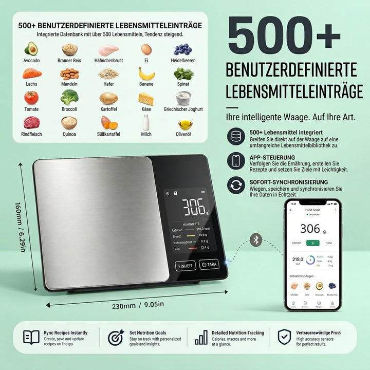 Küchenwaage digital mit Kalorienzähler & Nährwertberechnung | Smart Waage mit Bluetooth, App & TFT D