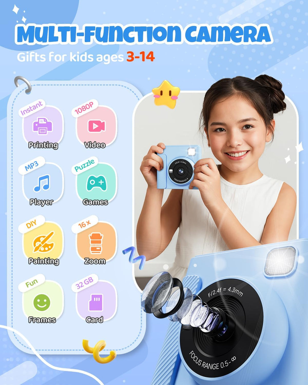 Kinderkamera Sofortbildkamera, 2,4 Zoll Sofortbildkamera Kinder mit 32G Karte und Fotopapier Drucken
