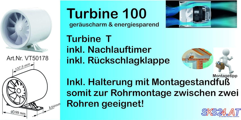 Rohreinschubventilator Soundless Turbine 100mm, mit Timer und kugelgelagerter Motor 100mm mit