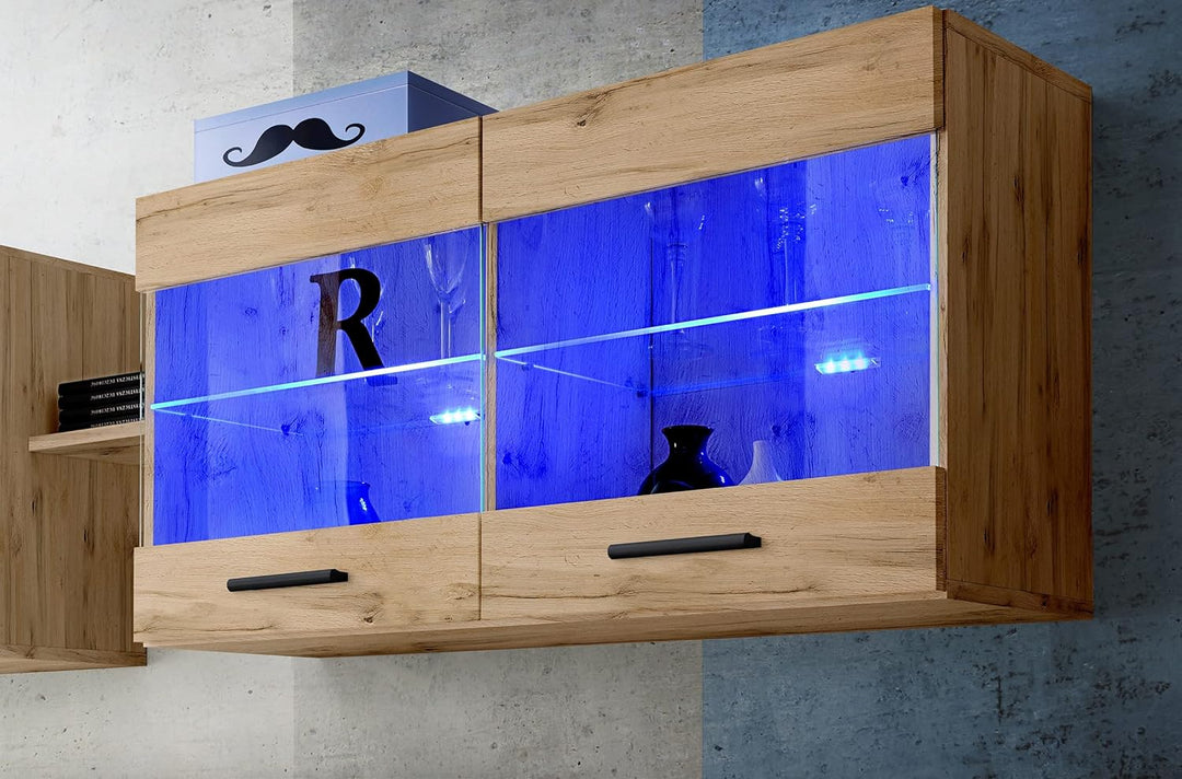 Komodee, Vitrine Schrank Savona, Wotan/Wotan, Breite 100cm x Höhe 50cm x Tiefe 30cm, Blaue LEDs, 2 G