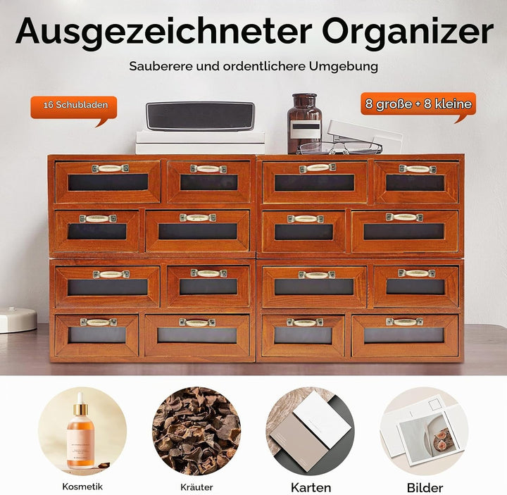 4 Stück Vintage Apothekerschrank Holz, 16 Schubladen mit Sichtfenster, Schreibtisch Organizer für Bü