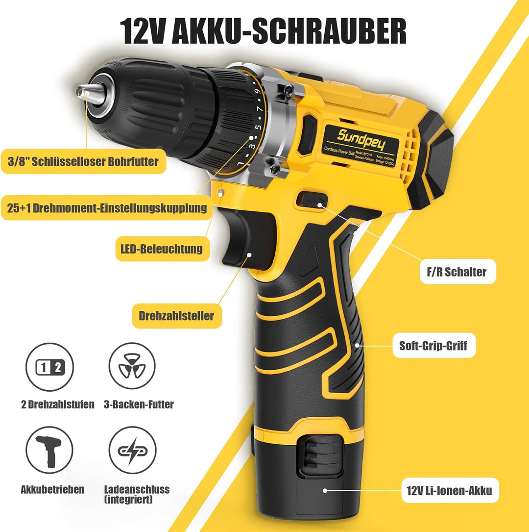 Sundpey Werkzeugkoffer Gefüllt 166tlg, 12V Akkuschrauber zum Anziehen/Lösen von Schrauben, Komplette