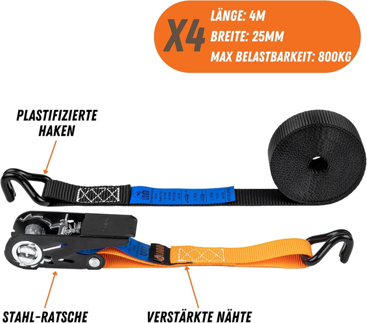 LODD – 4 Ratschen-Zurrgurte 4 m × 25 mm, 800 kg Belastbarkeit, kunststoffbeschichtete J-Haken, EN 12