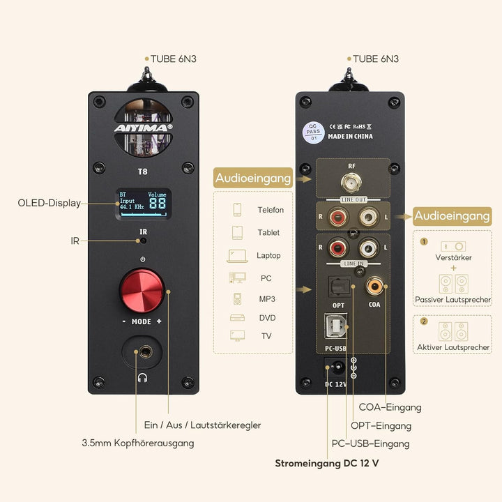 AIYIMA T8 6N3 Digital Tube Vorverstärker QCC3031 Bluetooth 5.0 Vorverstärker USB DAC Kopfhörerverstä
