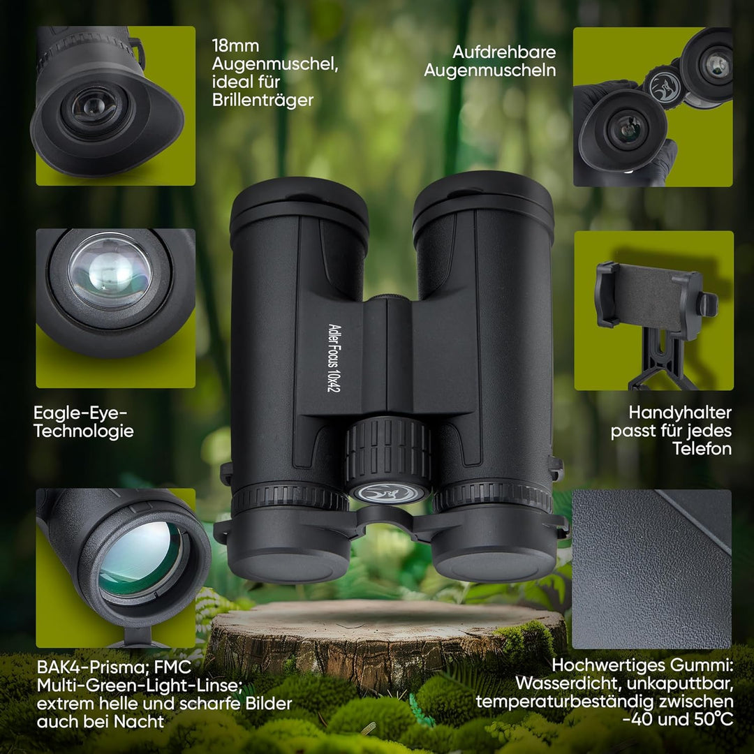 Adler Focus Fernglas 10x42 für Erwachsene, Eagle-Eye-Technologie, 18mm HD Augenmuschel, BAK4+FMC, Fe