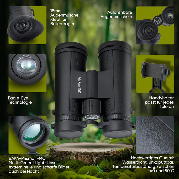 Adler Focus Fernglas 10x42 für Erwachsene, Eagle-Eye-Technologie, 18mm HD Augenmuschel, BAK4+FMC, Fe