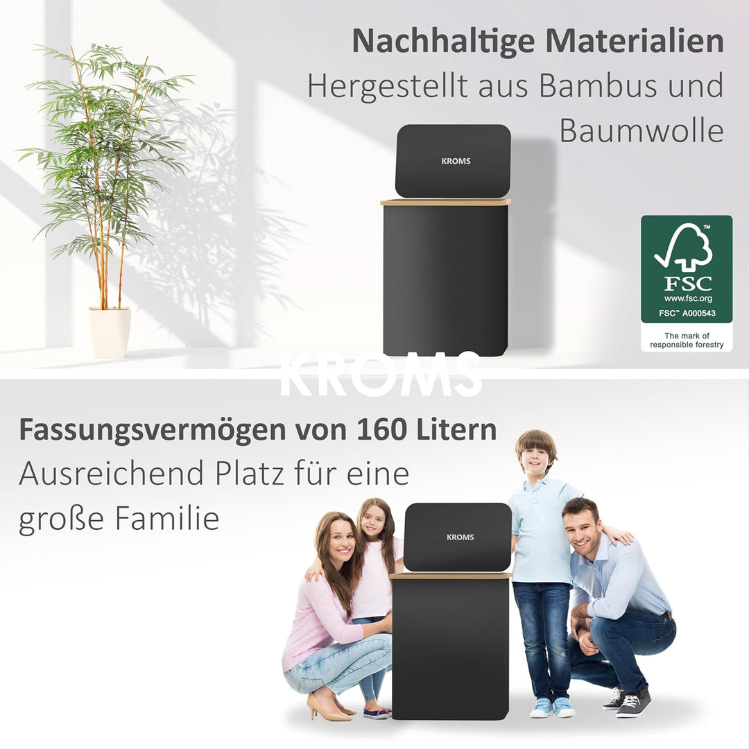 Wäschekorb mit Deckel 160L - Schwarz - Wäschekorb 3 Fächer - Wäschesortierer 3 Fächer - Korb mit Dec