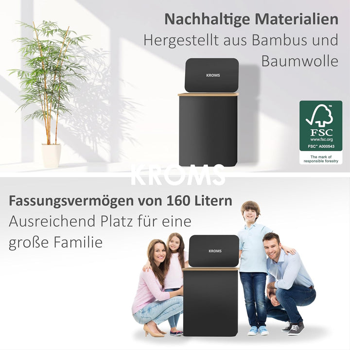 Wäschekorb mit Deckel 160L - Schwarz - Wäschekorb 3 Fächer - Wäschesortierer 3 Fächer - Korb mit Dec