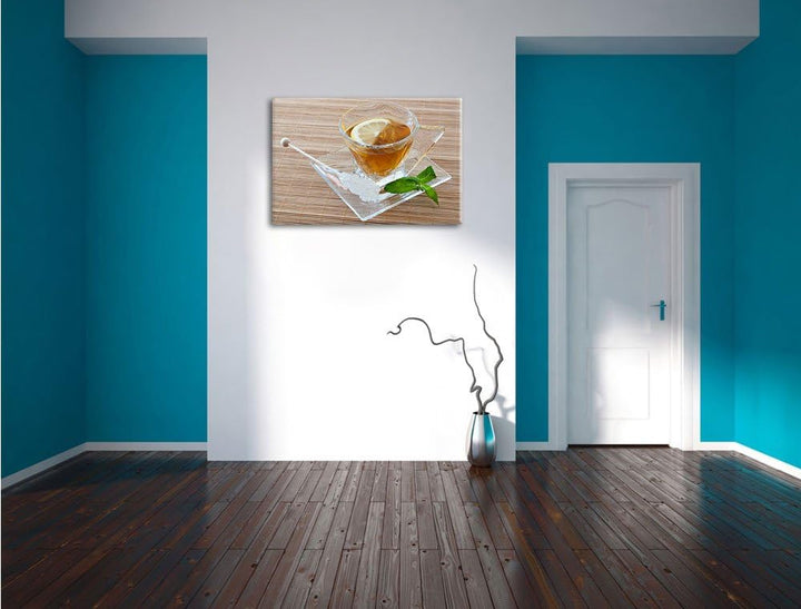 Tasse Tee mit Minze, Format: 100x70 auf Leinwand, XXL riesige Bilder fertig gerahmt mit Keilrahmen,