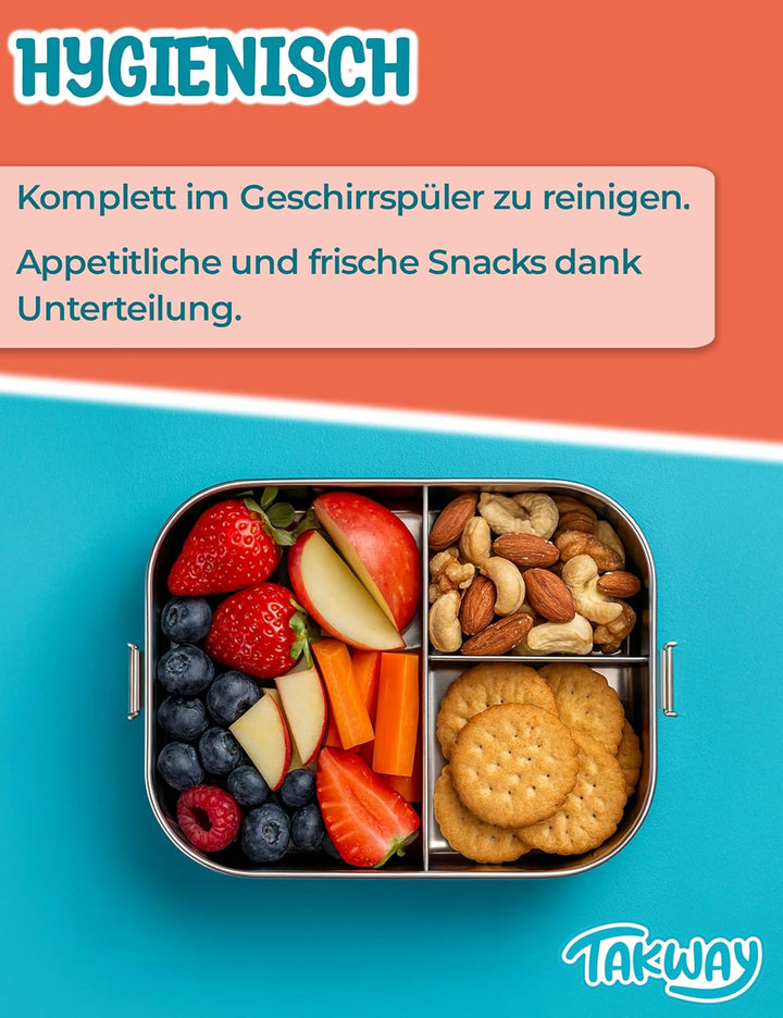 TAKWAY Edelstahl Brotdose Kinder mit Fächern 800ml | Auslaufsicher | Bento Box mit Unterteilung vari