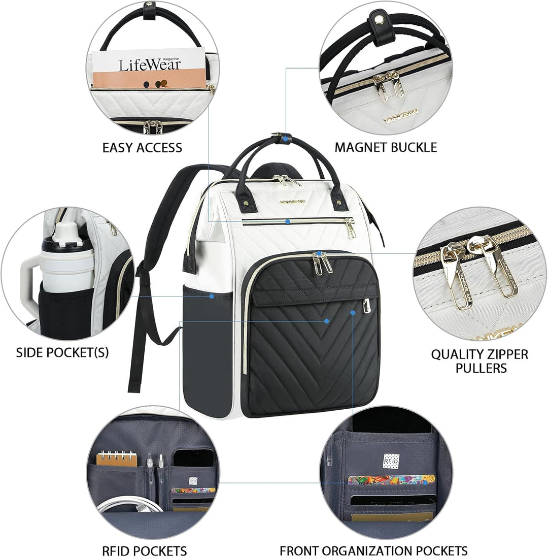 VANKEAN 15.6 Zoll Laptop-Rucksack für Damen Herren Beige-Schwarz | Computer Arbeitstasche, Grosse Ka