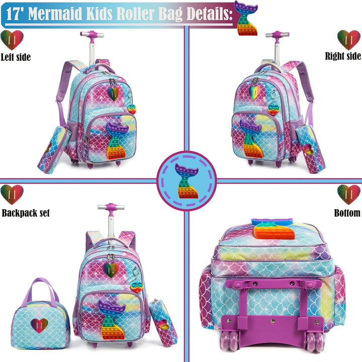 Rucksack Schulranzen Trolley,Schulrucksack Mädchen Teenager,3PCS 17” Kinder Schultrolley Geeignet fü