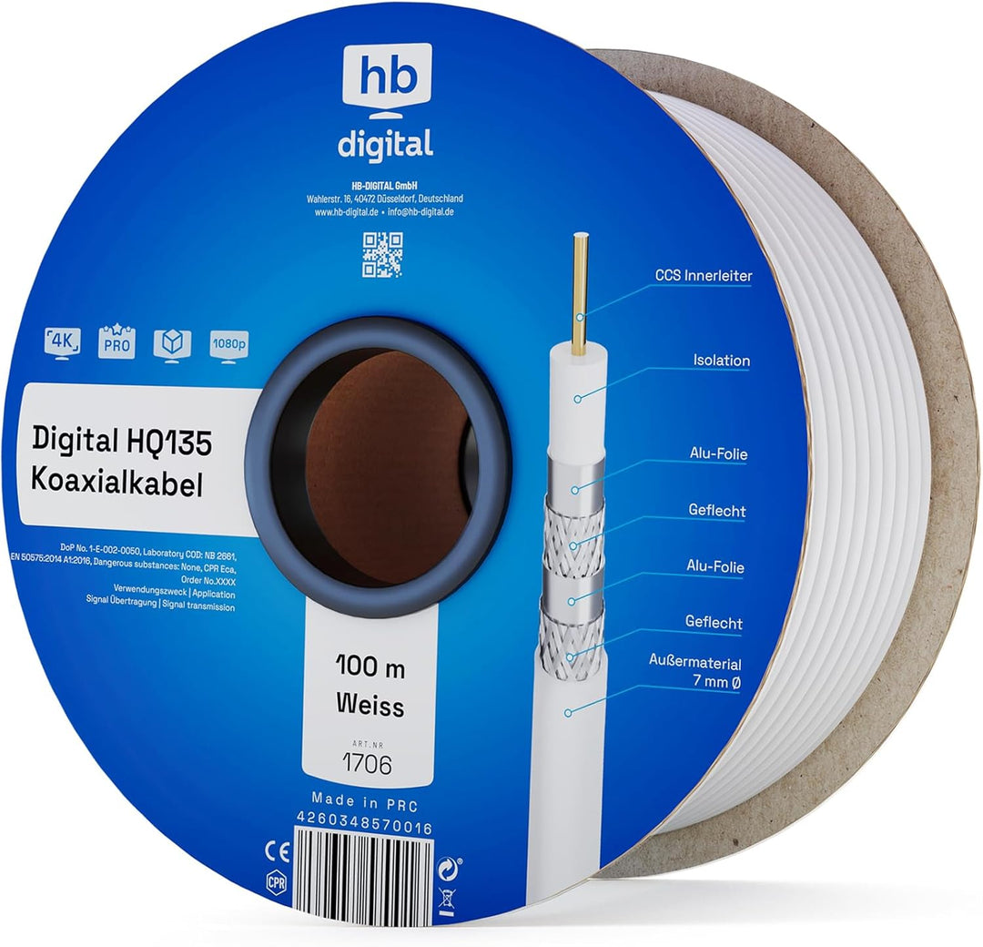 HB-DIGITAL 100m Koaxialkabel HQ-135 Antennenkabel 135dB SAT Kabel 8K 4K UHD 4-Fach geschirmt für DVB
