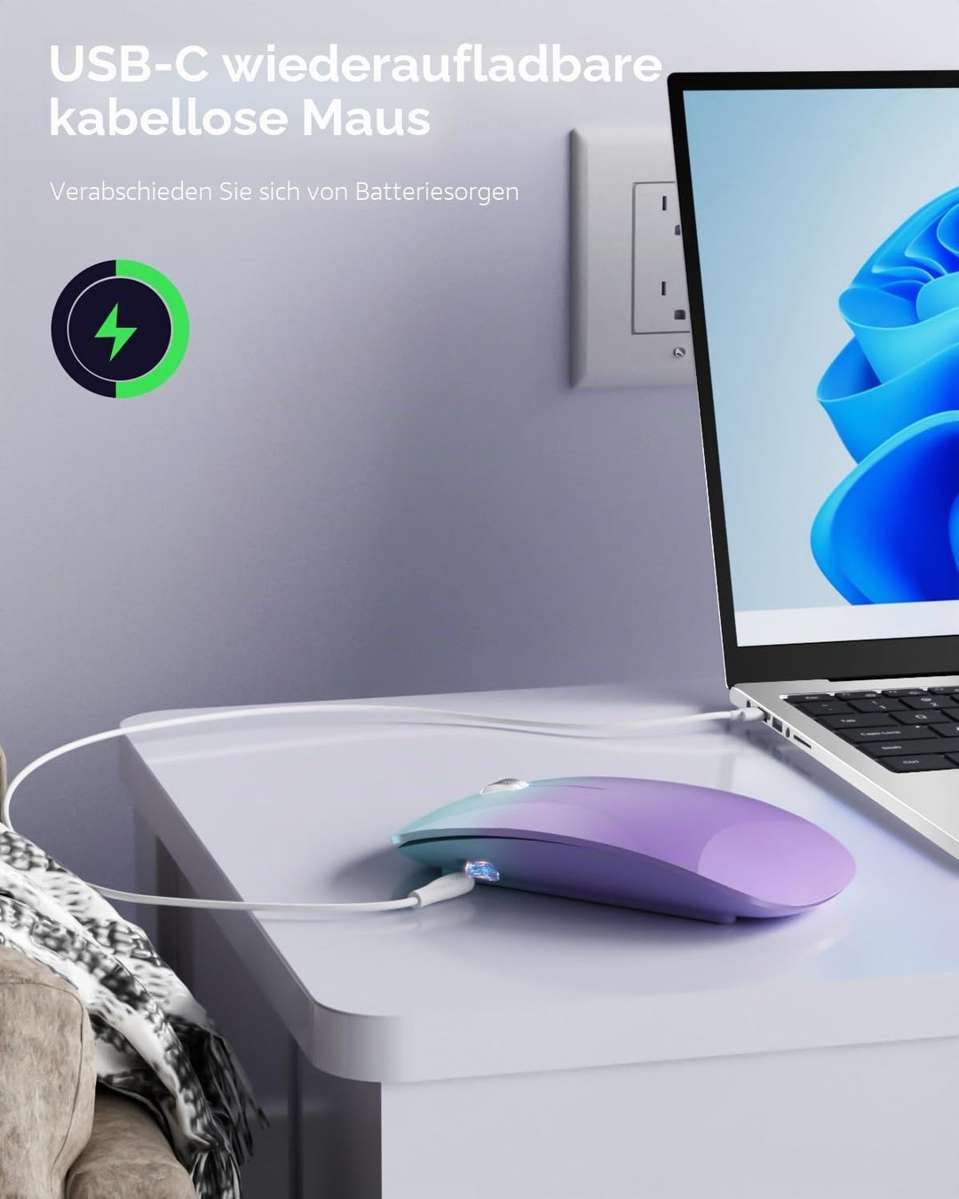 Uiosmuph G11 kabellos Maus, Leise USB-C aufladbar Mouse,Grün und Lila, Grün und Lila