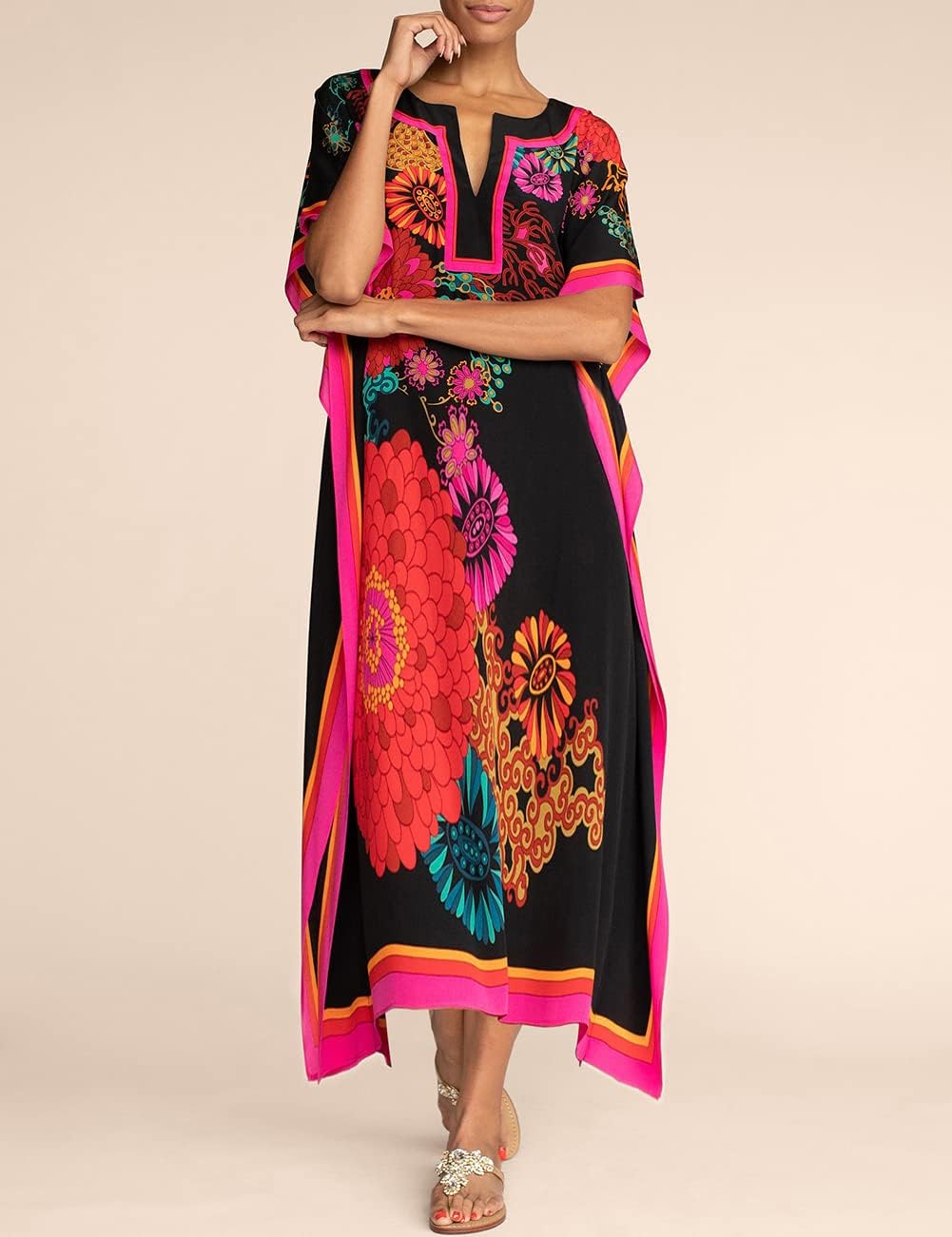 Bsubseach Damen Casual Beach Kaftan Kleid Kurzarm Loungewear Caftan Strandkleid C-Black Flower, C-Bl