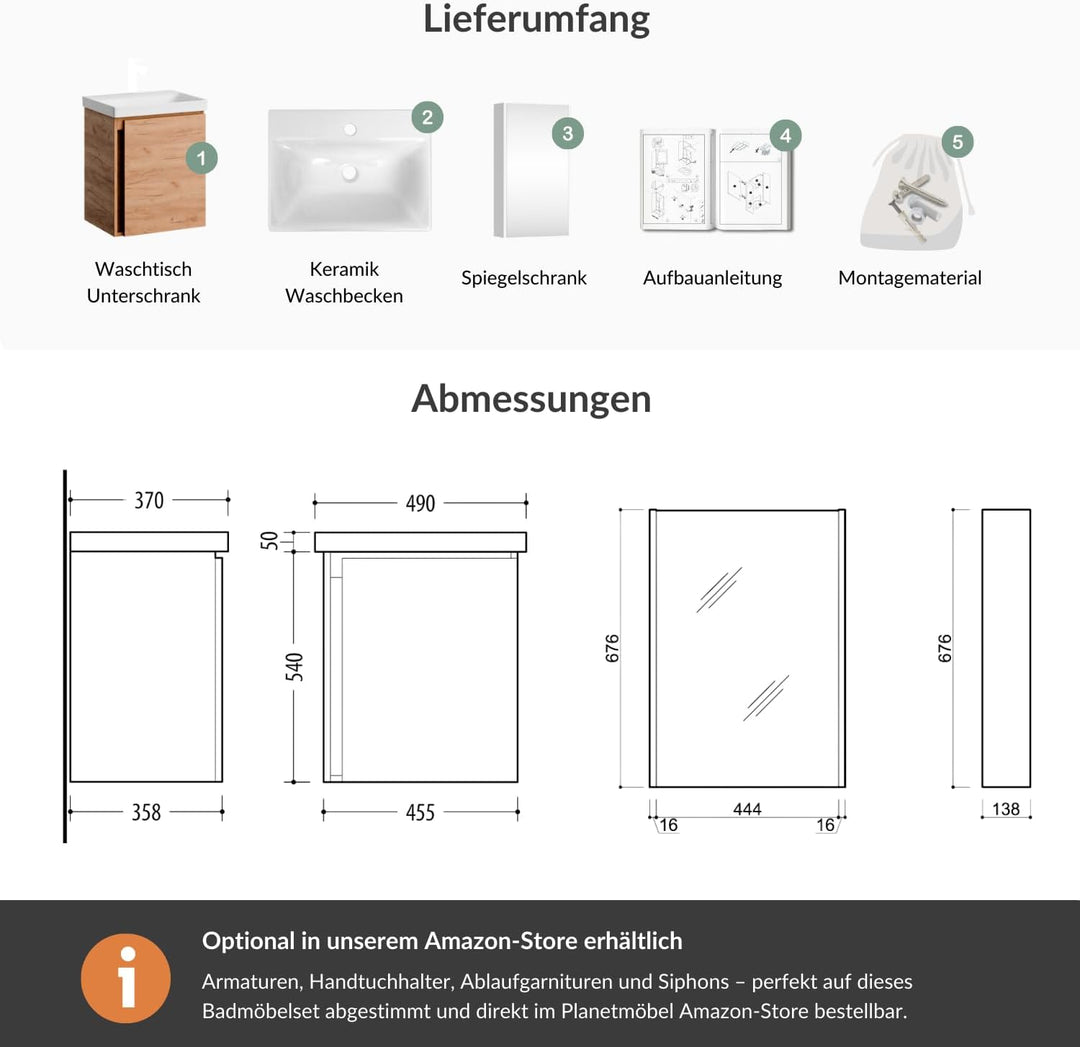 Planetmöbel Waschtisch + Spiegelschrank Badmöbel Set 50cm für Badezimmer WC (Gold Eiche), Gold Eiche