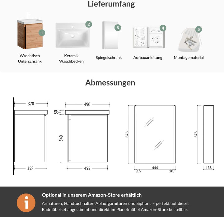 Planetmöbel Waschtisch + Spiegelschrank Badmöbel Set 50cm für Badezimmer WC (Gold Eiche), Gold Eiche